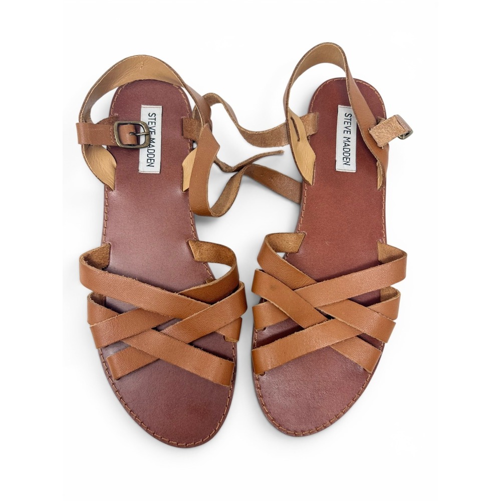 Steve Madden Womens Bailey Flat Sandals Brown Leather Strappy Buckle Ankle 10